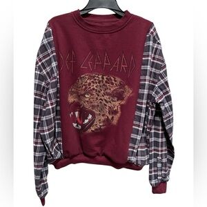 Upcycled Def Leppard Sweatshirt with Flannel Sleeves